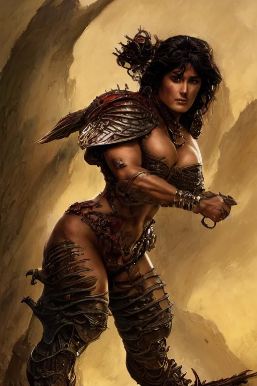 Image similar to muscular beautiful salma hayek wearing armor tombow artwork greg staples , dug stanat, norman rockwell , christophe young eytan zana , rumiko takahashi ,HD 4k