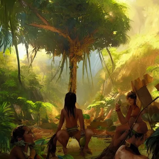 Prompt: brazilian flag in an amazon tribe, fantasy art by Cushart, Krenz