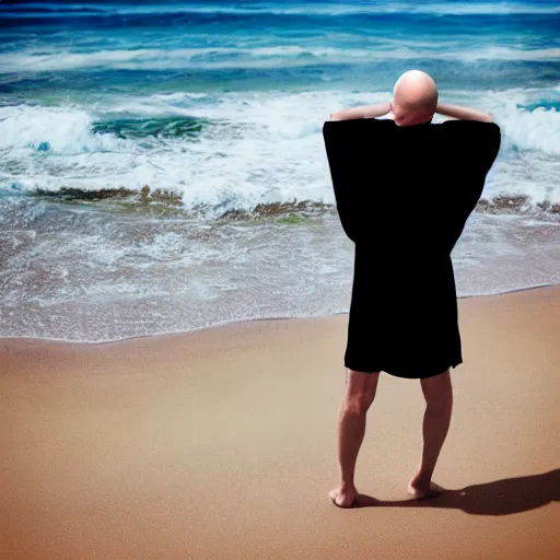 Image similar to nosferatu puting sunscreen on his body on the beach, realistic detailed photography