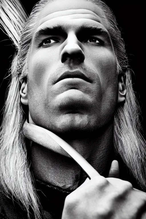 Image similar to portrait of geralt of rivia, 5 5 mm lens, professional photograph, black and white, times magazine, serious