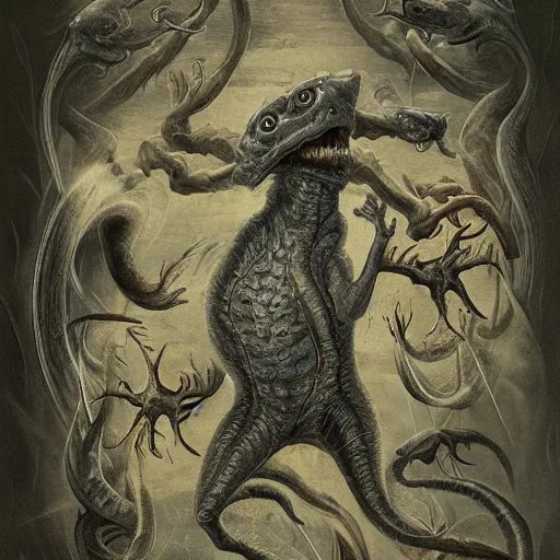 Image similar to bestiary of creatures from the depths of the unconscious psyche