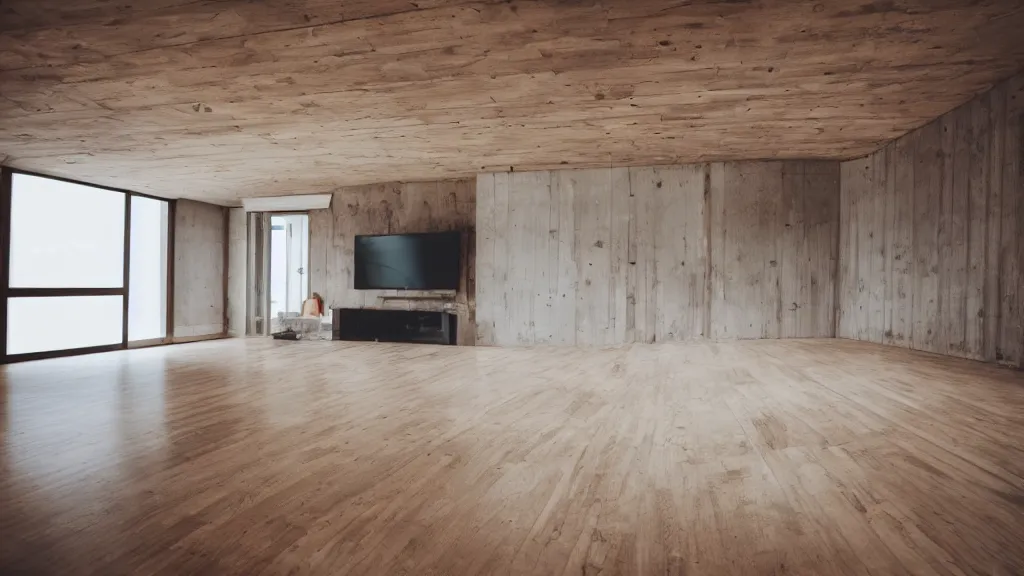 Image similar to dslr photograph of a living room, wooden floor, concrete wall