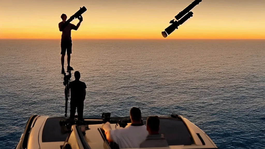 Image similar to a movie still of a man holding a rocket launcher, standing on the roof of a car driving through the ocean at sunset, golden hour, watching a mushroom cloud on the horizon