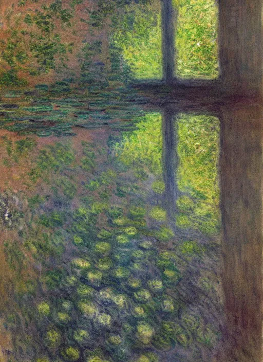 Image similar to trees growing from the ceiling of a dilapidated decaying building casting a reflection in water in the ground by claude monet