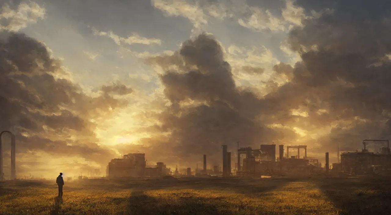 Prompt: a sad solitary old man looks on as in the evening sunlight as in the distance a factory is demolished, in the style of jessica rossier