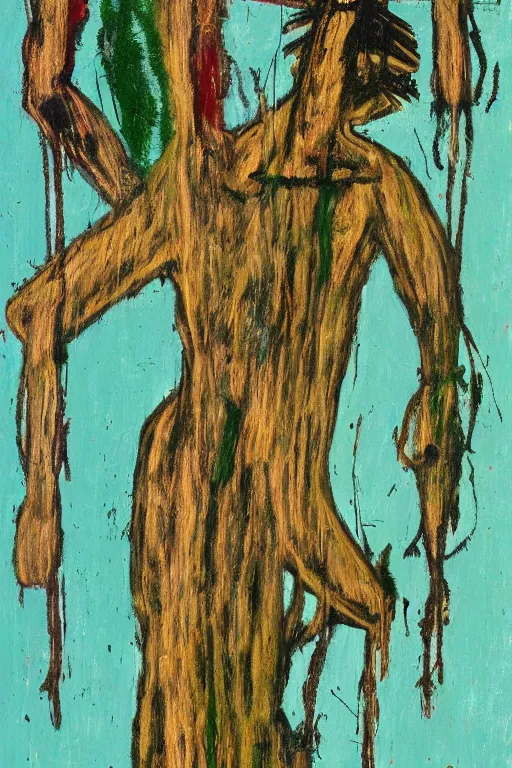 Prompt: green jesus christ crucified painted by cy twombly and basquiat