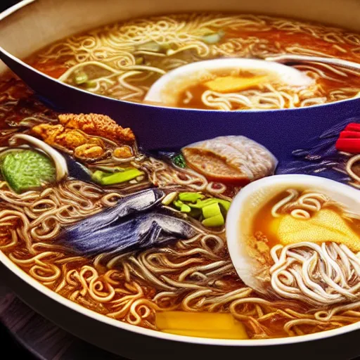 Prompt: The universe in a ramen, 8k, hyper realistic, insanely detailed, HDR