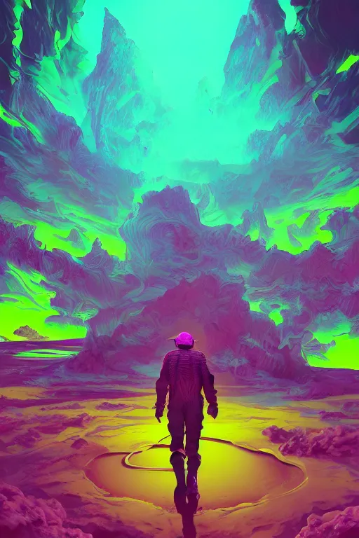 Prompt: portrait of gamma world mutant walking through a psychedelic landscape, in the style of Rob Lefield , trending on artstation, light lighting side view,digital art,surrealism ,macro,blueprint ,vaporwave ,