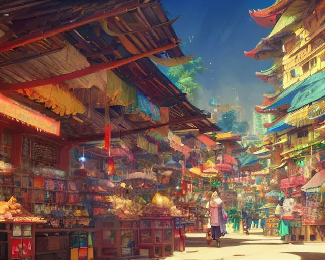 Image similar to colorful marketplace in a great, colorful kitsune city, bamboo, anime, a fantasy digital painting by Greg Rutkowski and James Gurney, trending on Artstation, highly detailed