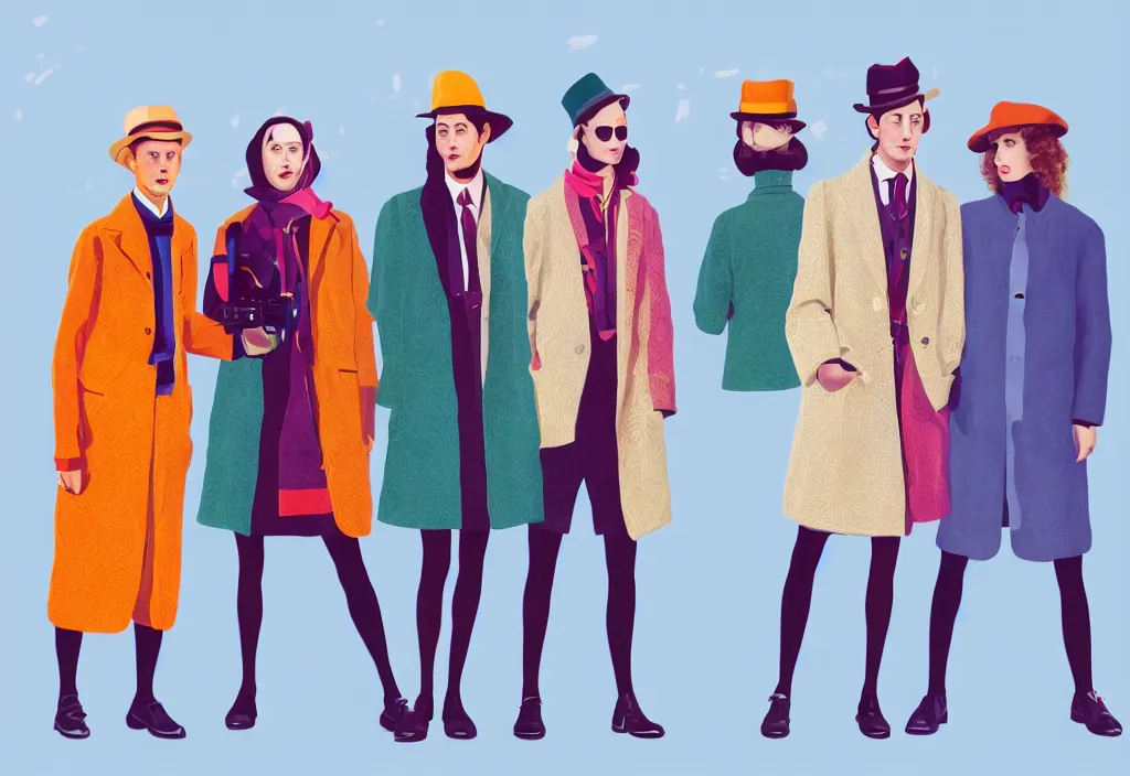 Image similar to full body portrait of a trio of young fashionable european tourists long pattern coat travel apparel, with nikon cameras, sightseeing various poses shooting photos, character designs painting, in the style of wes anderson, rene magritte, lola dupre, david hockney, isolated on white background, dark monochrome neon spraypaint accents volumetric octane render