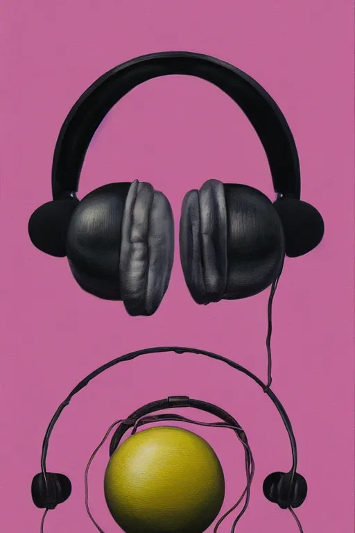 Image similar to hyperrealism surrealism acrylic painting, close - up portrait of bowling ball - with big headphones and a mime sweater, aerosol splashes on paper background, art by jeff soto