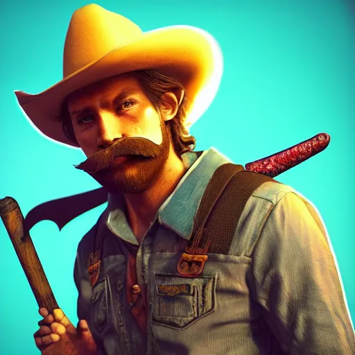 Image similar to Photorealistic cowboy with an animal bat as his moustache. Hyperdetailed photorealism, 108 megapixels, amazing depth, glowing rich colors, powerful imagery, psychedelic Overtones, 3D finalrender, 3d shading, cinematic lighting, artstation concept art