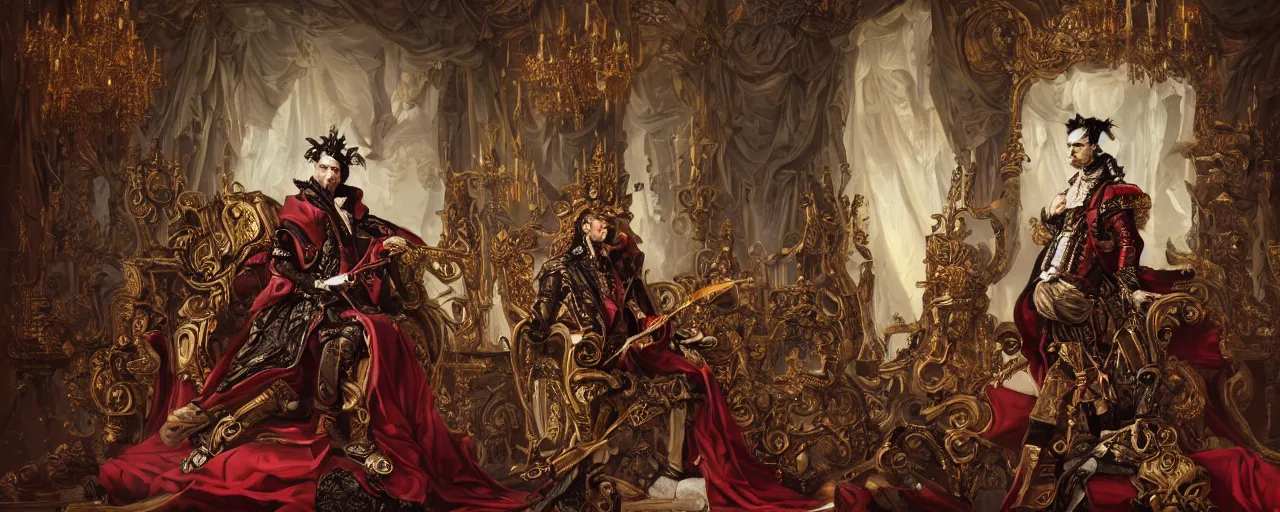 Prompt: epic, wideangle, low angle, digital painting, of a 1 7 th century, decadent, cyborg king holding court in his throne room, dark hair, piercings, amber jewels, baroque, ornate dark red opulent clothing, scifi, futuristic, realistic, hyperdetailed, concept art, art by bilal, masterpiece