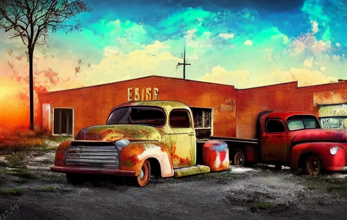 Image similar to A beautiful colorful evening scene of route66, old road with abandoned gas station and rusty old pickup truck, hyper realistic, blinding backlight evening sun, sparkling sun rays, epic scene, intense setting, evening vibe