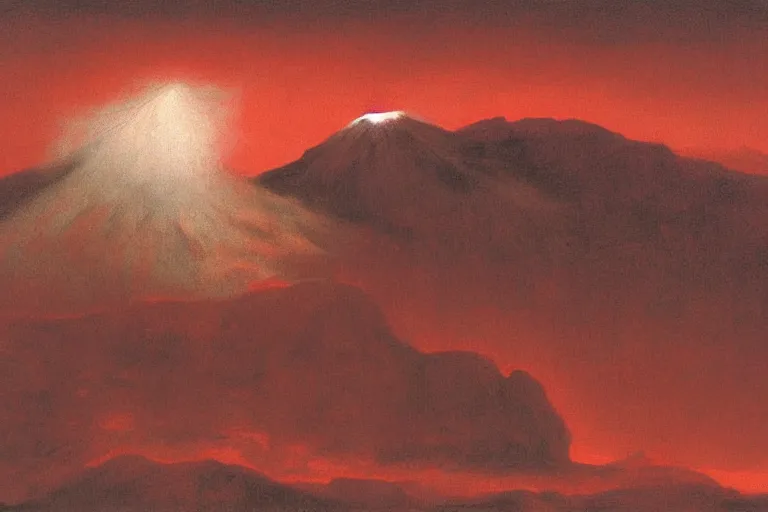 Image similar to a detailed volcanic landscape , violent clouds in the sky with glowing red eyes in the sky by Zdzisław Beksiński