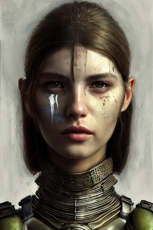 Image similar to a photorealistic painting of an attractive young girl, partially clothed in dirty metal-plated battle armor, olive skin, long dark hair, beautiful bone structure, symmetrical face, perfect eyes, intricate, elegant, digital painting, concept art, illustration, sharp focus, minimal artifacts, volumetric lighting, from Metal Gear, in the style of Ruan Jia and Mandy Jurgens and Greg Rutkowski, trending on Artstation, award winning