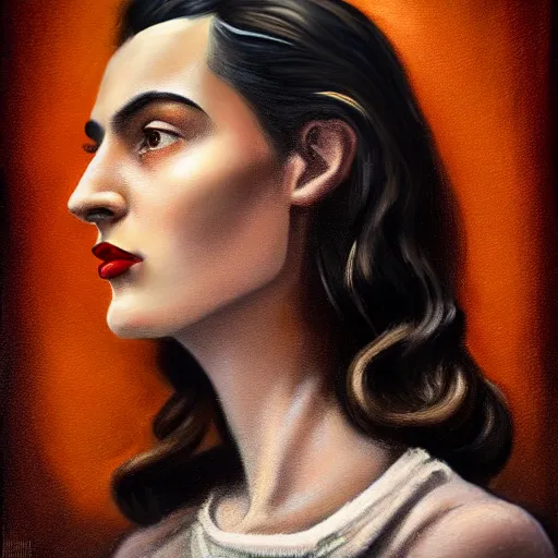 Image similar to A Hearts of Iron IV portrait of a Spanish young woman with high cheekbones. Good bone structure. Dressed in 1940s style. Highly detailed, fine Art, high detail, great lighting, 8k resolution, masterpiece, concept art, illustration, clear eyes, painting oil on canvas, octane render, HDR, trending on artstation, 4k, 8k, HD