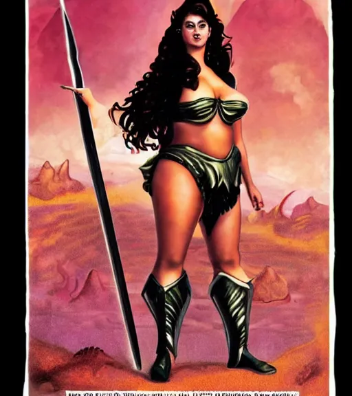 Image similar to 1 9 8 0 s fantasy novel book cover, plus size amazonian ariel winter in extremely tight bikini armor wielding a cartoonishly large sword, exaggerated body features, dark and smoky background, low quality print