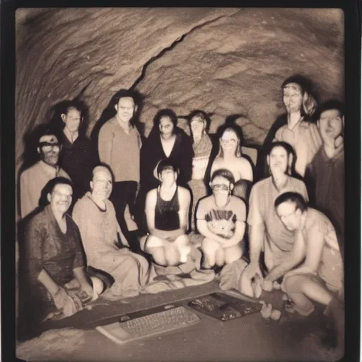 Image similar to A polaroid photo of a group of people inside a wide cave praying to a wooden computer on a altar