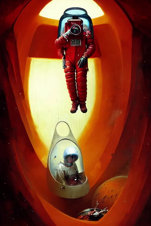 Image similar to hieronymus bosch, greg rutkowski, anna podedworna, painting of a red spacesuit with a large backpack and a large mirrored visor, crawling out of a vent in a space ship