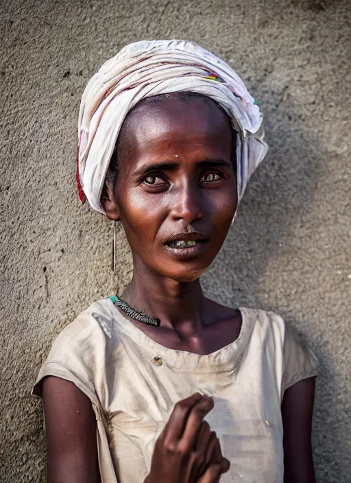 Image similar to Mid-shot portrait of a beautiful 20-year-old woman from Ethiopia in her traditional get-up, candid street portrait in the style of Martin Schoeller award winning, Sony a7R