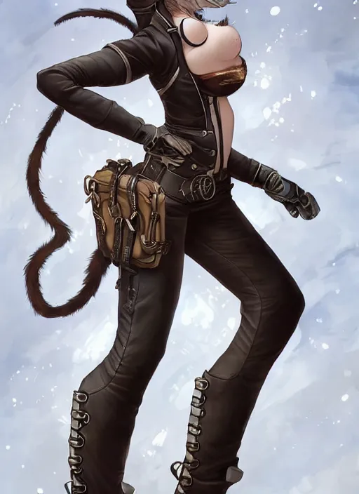 Image similar to wide angle beautiful full body portrait of a strong female anthropomorphic anthro lynx fursona wearing a steampunk leather pants. from behind, character design by disney, anime, manga, charlie bowater, ross tran, artgerm, and makoto shinkai, detailed, soft lighting, rendered in octane, white fur