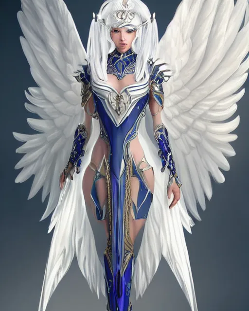 Image similar to perfect white haired egyptian goddess wearing white dove wings, warframe armor, regal, attractive, ornate, beautiful, dreamy, half asian, pretty face, blue eyes, detailed, scifi platform, 4 k, ultra realistic, epic lighting, android body, illuminated, cinematic, masterpiece, art by akihito tsukushi, voidstar, artgerm