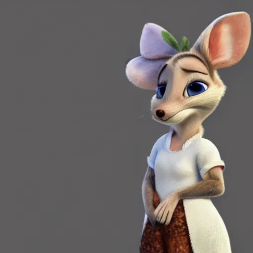 Image similar to 3 d render, portrait, headshot, closeup, anthropomorphic mouse, female, in a maxi white dress, in the style of zootopia, closeup