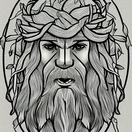 Prompt: huge male druid gray face pointy ears long beard with vines as hair hibiscus flowers detailed drawing pastelle colors