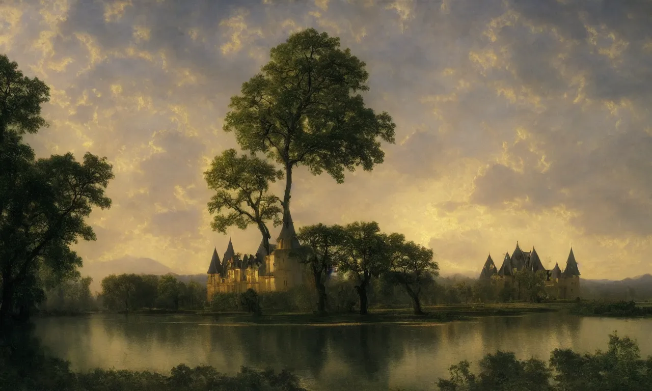 Image similar to beautiful illustration of chateau in a serene landscape, by albert bierstadt, magic realism, narrative realism, beautiful matte painting, heavenly lighting, retrowave, 4 k hd wallpaper