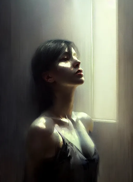 Image similar to a portrait of a beautiful woman inside a modern apartment, intricate oil painting, hyperdetailed, ominous, ethereal, dramatic lighting, by jeremy mann and ruan jia and ilya kuvshinov