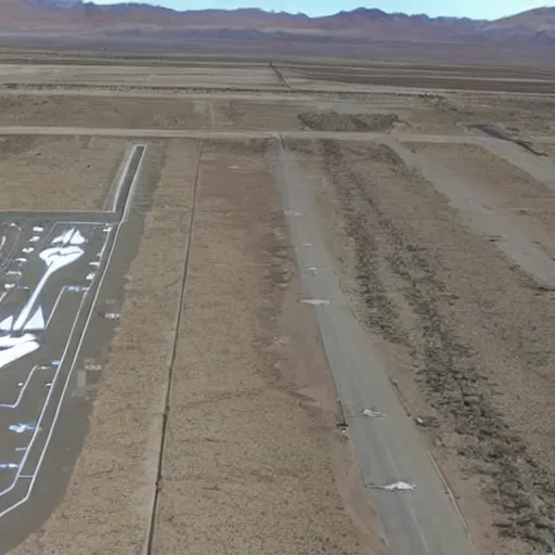 Image similar to aerial footage of Area 51, ufos parked on the ground