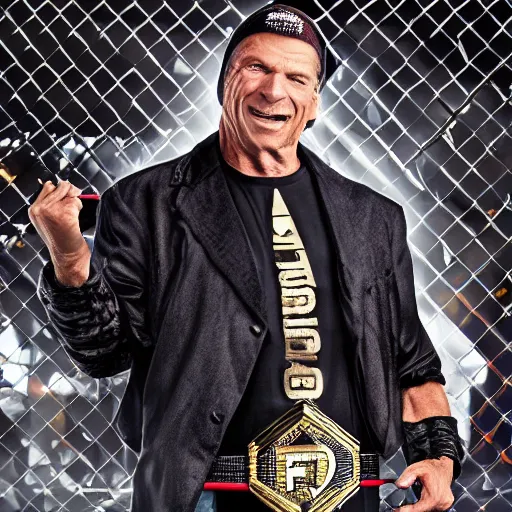 Image similar to WWE, Vince McMahon wearing a du-rag and the ECW Championship belt while eating a snow cone in front of a chainlink fence, photorealistic, dark, gritty, nu-metal, hardcore wrestling, highly detailed, hyperrealistic, barbed wire, rendered in Octane, rendered in Unreal engine, 4k, award-winning, ultra hd, intricate, digital painting