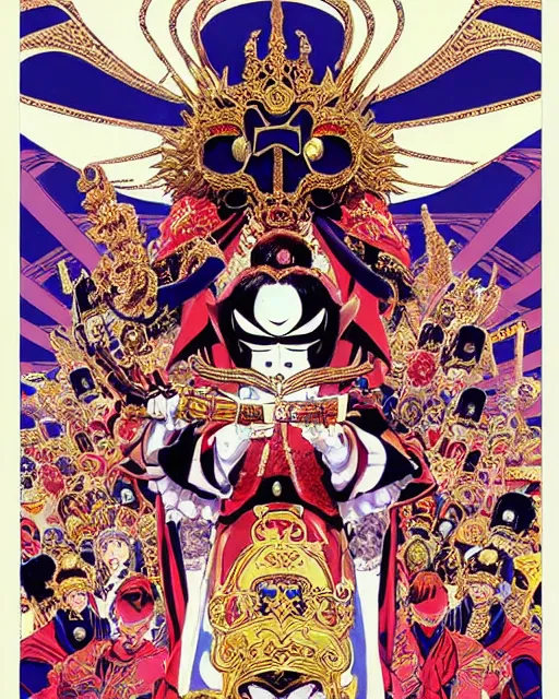 Image similar to The masked emperor giving a speech to a very large crowd of people. He has very ornate clothing and a mask || VERY VERY ANIME!!!, realistic shaded fine details. Anime. realistic shaded lighting poster by katsuhiro otomo, ghost-in-the-shell, ayami kojima