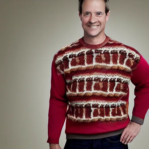 Prompt: model wearing a sweater of bacon weave, product photo, jc penny catalog