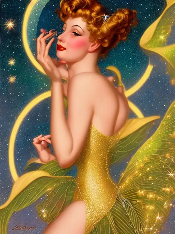 Image similar to Diana argon as tinkerbell glowing, a beautiful art nouveau portrait by Gil elvgren and Hajime Sorayama, moonlit starry sky environment, centered composition, defined features, golden ratio, gold jewlery, sheer silk