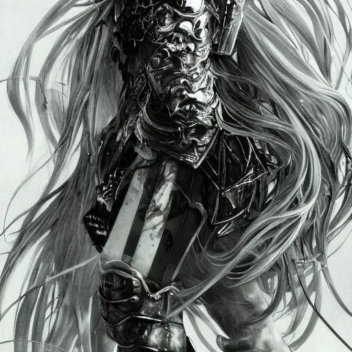 Image similar to Yoshitaka Amano realistic illustration of an anime girl with wavy white hair and cracks on her face wearing Elden ring armour with the cape fluttering in the wind, abstract black and white patterns on the background, noisy film grain effect, highly detailed, Renaissance oil painting, weird portrait angle