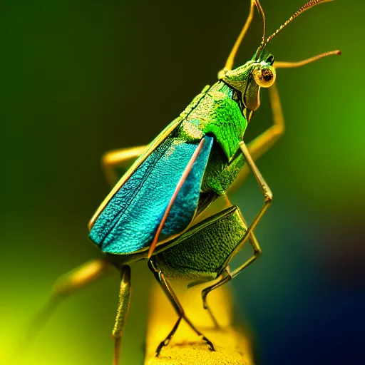 Prompt: macro photography of blue and gold grasshopper, bokeh, glowing fog, trending on artstation