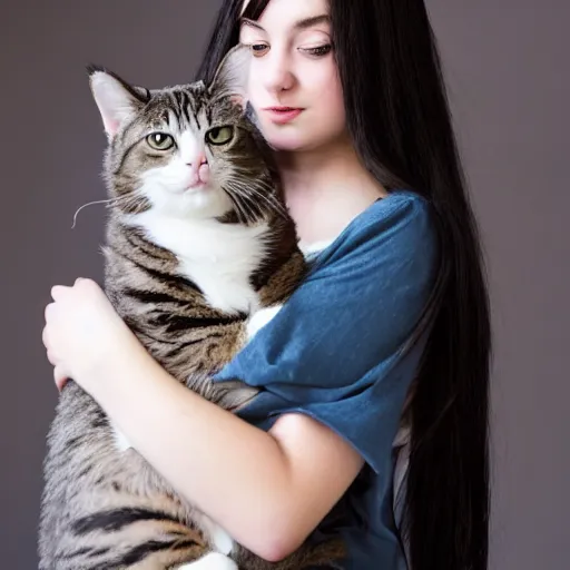 Image similar to a girl with long dark hair holding a cat in her arms, pexels contest winner, rasquache, high quality photo, rtx, hd, shiny eyes, a renaissance painting by sailor moon, anime, anime aesthetic