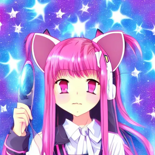 Image similar to Anime girl with long pink hair, blue eyes, and cat ears, in a school uniform, holding a magic wand, with a starry background, in a cute/kawaii style, trending on artstation, artstationHD, artstationHQ.