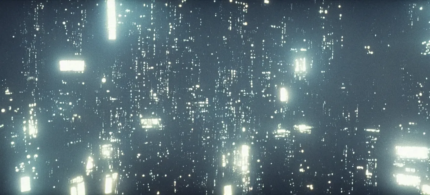 Image similar to A still of C-beams glittering in the dark near the Tannhäuser Gate, from Blade Runner (1982), Super Panavision 70