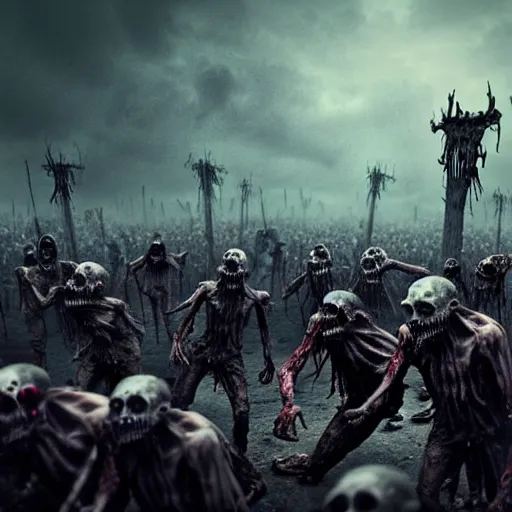 Prompt: creepy nightmare zombie horde, apocalyptic, cinematic, action, battles, vivid details, photorealistic, realistic, epic, horror, scary, terrifying, spooky, chilling, render, vfx, cgi, render