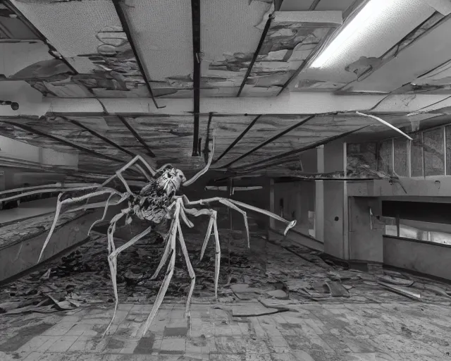 Image similar to camera footage of a Gigantic Spider Demon in an abandoned shopping mall, high exposure, dark, monochrome, camera, Unreal engine 5, grainy, CCTV, security camera footage, timestamp, zoomed in, fish-eye lens, Evil, spider, horrifying, lunging at camera :4