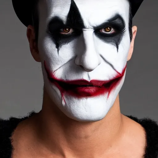 Image similar to a male model wearing a black leather hat in joker makeup, frontal view, cool looking