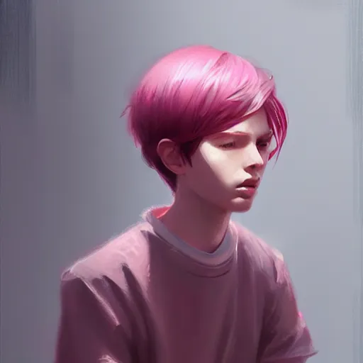 Prompt: young boy, pink hair, modern clothes, gorgeous, amazing, feminine, elegant, intricate, highly detailed, digital painting, artstation, concept art, sharp focus, illustration, art by WLOP and greg rutkowski