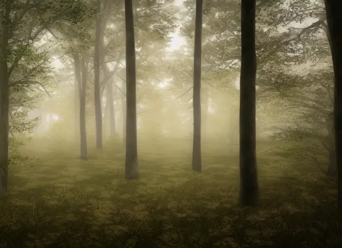 Image similar to Peaceful forest scenery, foggy, photorealistic, HD, 8k