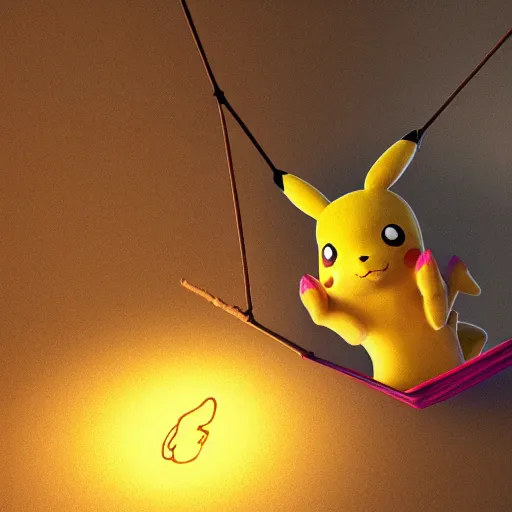 Image similar to pikachu in a hammock, cinematic, cinematic lighting, trending on Artstation, Cgsociety, detailed, 4k, very realistic