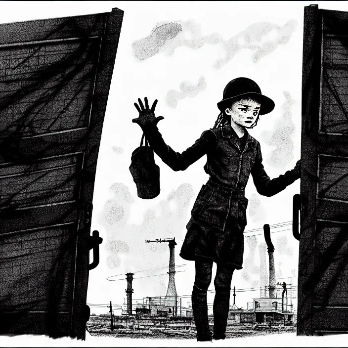 Image similar to [ sadie sink in dirty workmen clothes waves goodbye ] to workmen. near a gate. background : factory, dirty, polluted. technique : black and white pencil and ink. by gabriel hardman, joe alves, chris bonura. cinematic atmosphere, detailed and intricate, perfect anatomy