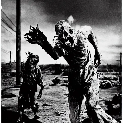 Image similar to real life irradiated walking zombie 1950s nuclear wasteland black and white award winning photo highly detailed, highly in focus, highly life-like Arriflex 35 II, by stanley kubrick