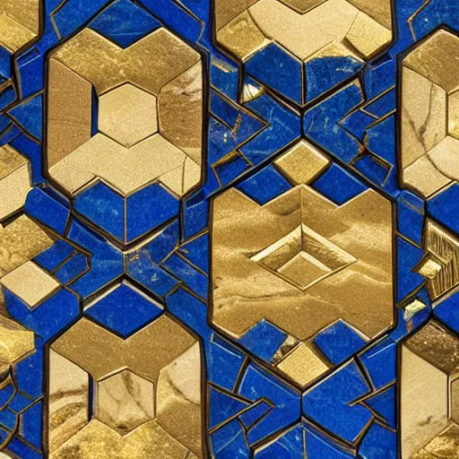 Image similar to an abstract intricately carved marble set with gold flourishes and diamonds of various colors in the form of hexagons against a blue ornate background